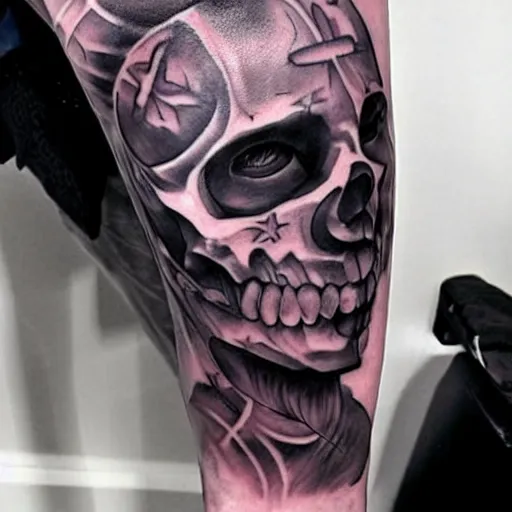 Image similar to ghost tattoo design, hyper realstic, on arm, high detailed