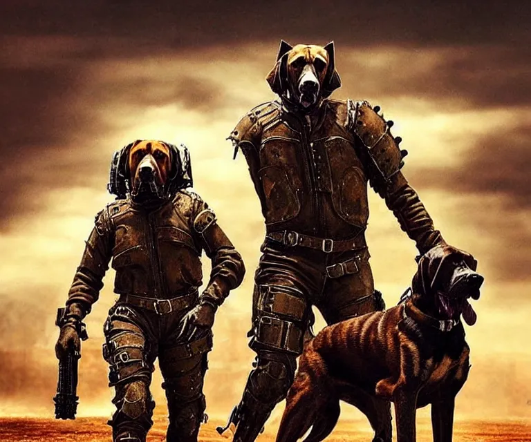 Image similar to a good ol'bloodhound dog fursona ( from the furry fandom ), heavily armed and armored facing down armageddon in a dark and gritty version from the makers of mad max : fury road. witness me.