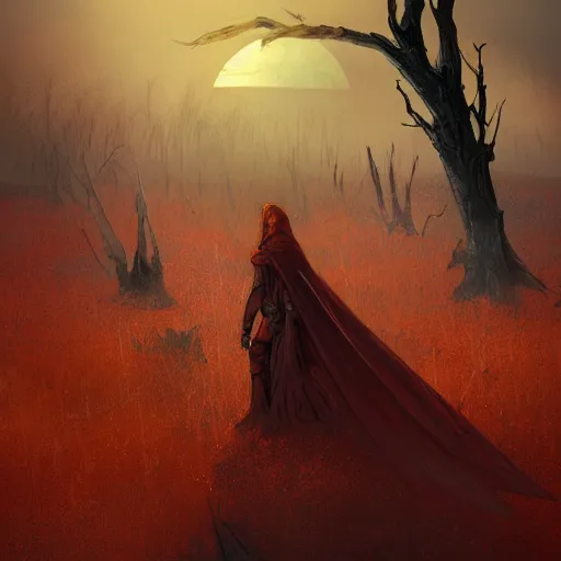 Image similar to Epic portrait doomsday earth full of dead trees and wasteland desert, red sky, red giant sun in front, blurred background, digital painting, artstation, concept art, soft light, hdri, smooth, sharp focus, illustration, fantasy, intricate, elegant, highly detailed, D&D, matte painting, in the style of Greg Rutkowski and Alphonse Mucha and artemisia, 8k, highly detailed, jurgens, rutkowski, bouguereau, pastoral, rustic, georgic