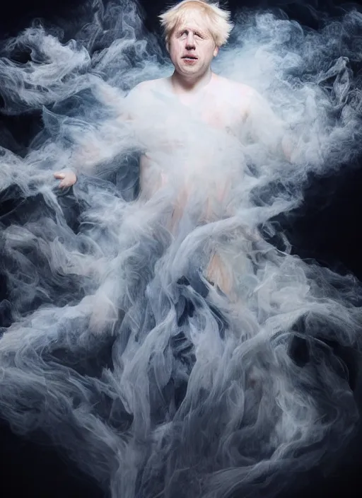 Image similar to boris johnson in a photorealistic dramatic hyperrealistic render of a beautiful smoke dancer by ken brower and deborah ory of nyc dance project, lois greenfield, flowing cloth and smoke colourful acrylic ink drop art, beautiful boris johnson dynamic dramatic dark moody lighting, volumetric, shadows, cinematic atmosphere, octane render, 8 k