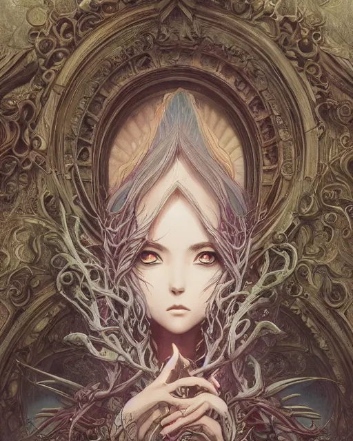 Image similar to a beautiful detailed front view of a pretty anime girl with ornate growing around, ornamentation, baroque architecture, elegant, beautifully soft lit, by wayne barlowe, peter mohrbacher, kelly mckernan