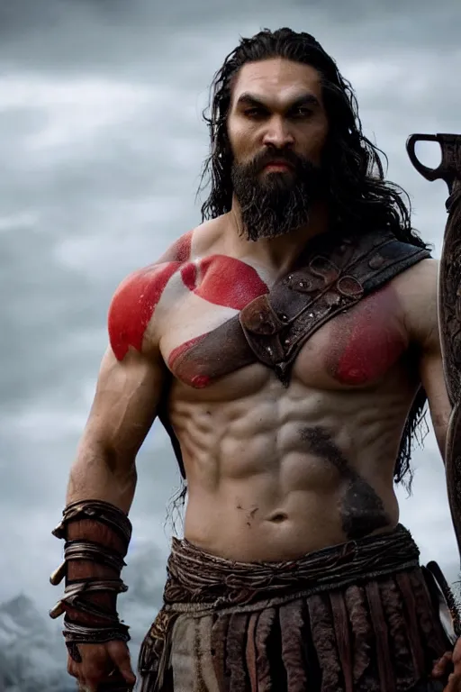 Prompt: film still from god of war, a highly detailed beautiful closeup photo of jason momoa!! kratos with long! windblown wet hair! holding a sword and fighting zombies on a pile of human skulls, spartan warrior, olympian god, muscular!!!, masculine confident pose, ambient lighting, volumetric lighting, octane, fantasy