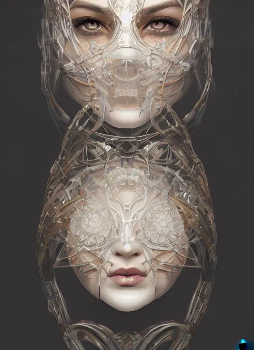 Image similar to symmetry!! masks, machine parts embedded into face, intricate, elegant, highly detailed, digital painting, artstation, concept art, smooth, sharp focus, illustration, art by artgerm and greg rutkowski and alphonse mucha, 8 k