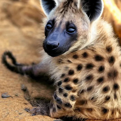 Image similar to very cute baby hyena sleeping, warm, cozy, realistic photograph, detailed