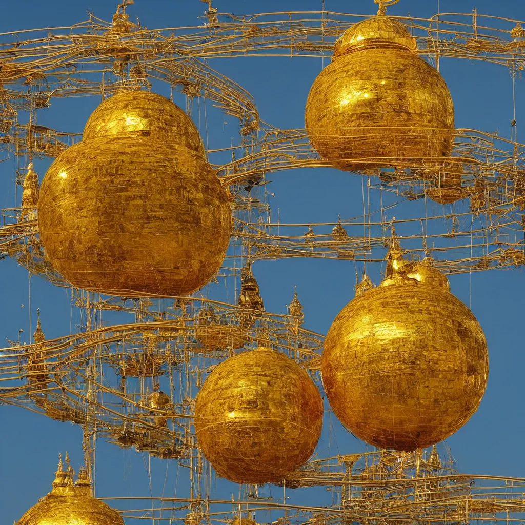 Prompt: “out of sight out of mind golden, spherical golden temple with a vertical light floating above a blue grassy field with two humans standing, highly detailed in 4K”