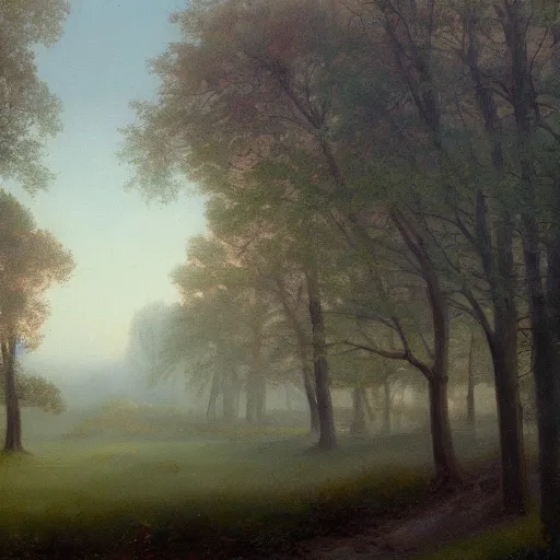 Image similar to an impressive 1 8 0 0 s romanticism - inspired oil painting of a foggy tree line at dawn inspired by liberty leading the people