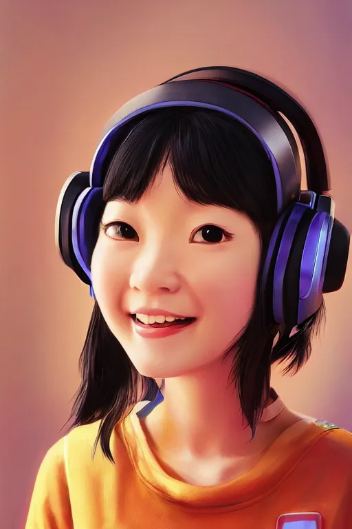 Prompt: a painting of cute Asian girl smiling, scifi headset, in the style of Pixar animation, low angle view, 16mm lens, award winning, hyper detailed, dramatic lighting, artstation, octane renderer, unreal engine