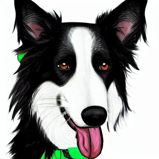 Prompt: digitally drawn art of a black and white border collie wearing a green bandana on its neck, digital art, DeviantArt