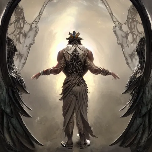 Prompt: full body shot of a male god with feathered wings on his shoulder, standing in front of a gate, digital art by raymond swanland and peter mohrbacher, 8 k,