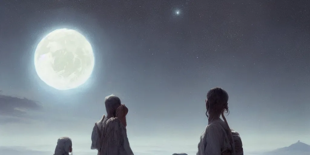 Prompt: A hyperrealistic painting of the first humans looking at the moon for the first time from the perspective of the creator alien race, by Greg Rutkowski, Sung Choi, Mitchell Mohrhauser, cinematic lighting, fine details, esoteric