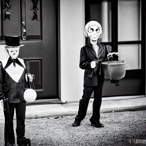 Image similar to christopher walken trick or treating on halloween, ( sony a 7 r iv, symmetric balance, polarizing filter, photolab, lightroom, 4 k, dolby vision, photography awardm, voque, perfect face )