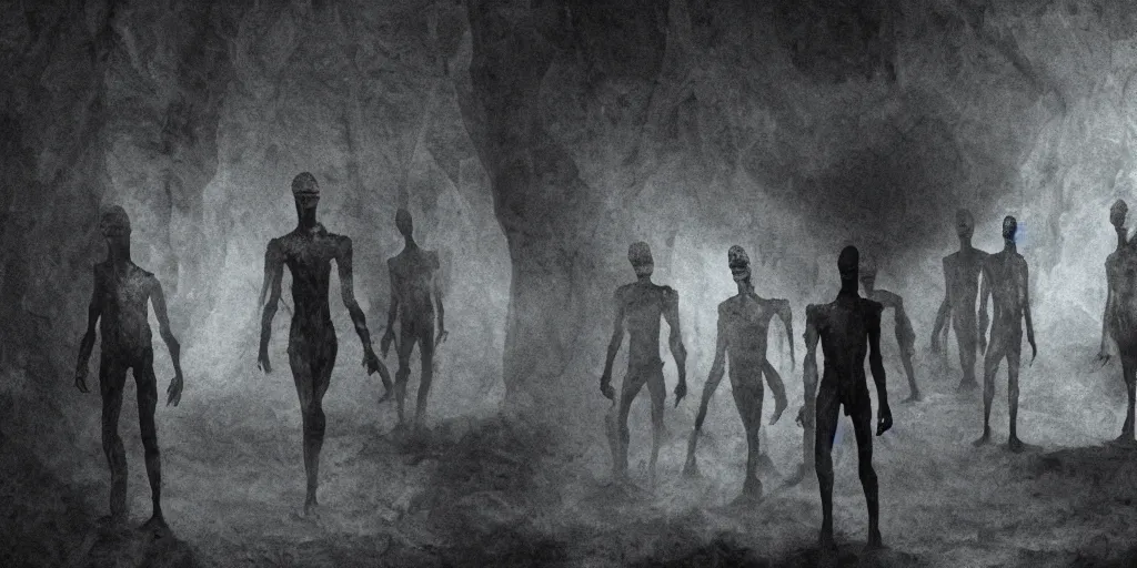 Image similar to dark cave full of skinny monster men, photorealistic, horror movie, evil, wide angle