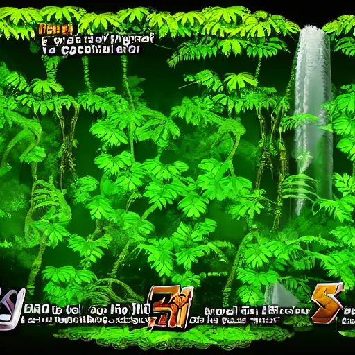 Image similar to Amazon rainforest as a 2d fighting game background, river, leaves, super smash bros style