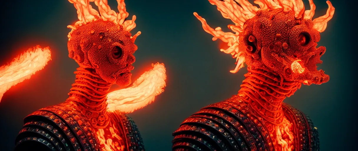 Image similar to hyperrealist highly detailed english medieval portrait of high fashion monster wearing flame fire smoke flame armor, radiating atomic neon corals, veiny network growth with neon uranium pattern, concept art pascal blanche dramatic studio lighting 8k wide angle shallow depth of field