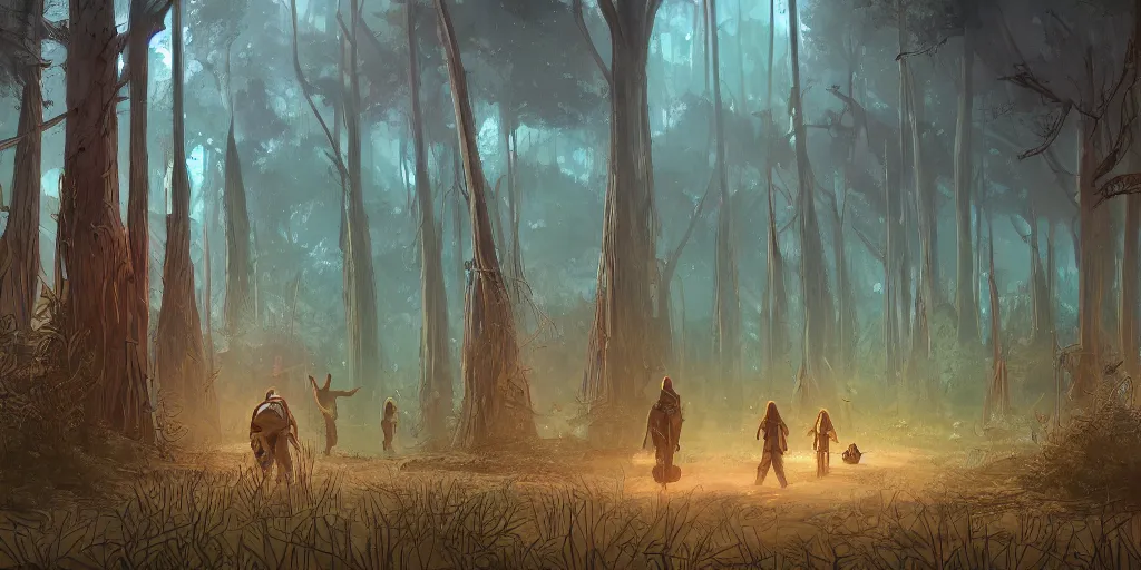Image similar to modern reed - people hunting in futuristic spiritual mystical post apocalyptic forest drawn by justin roiland, dim painterly volumetric aquatic lighting, beautiful, crisp, artstation, highly detailed