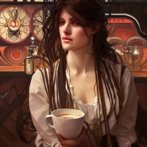 Image similar to woman in coffee shop, portrait art by alphonse mucha and greg rutkowski, highly detailed, digital painting, concept art, illustration, dim lighting with twilight rays of sunlight, trending on artstation, very detailed, smooth, sharp focus, octane render