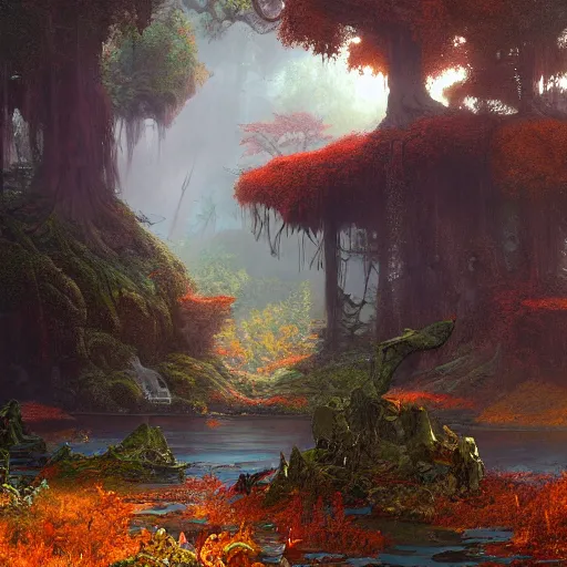 Image similar to overgrown sunken giant copper statue in the autumn forest, fantasy concept art by tyler edlin, antoine blanchard, thomas cole