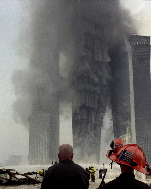 Prompt: a firefighter looks towards the heavily damaged belgrade's tallest building, 1 9 9 9