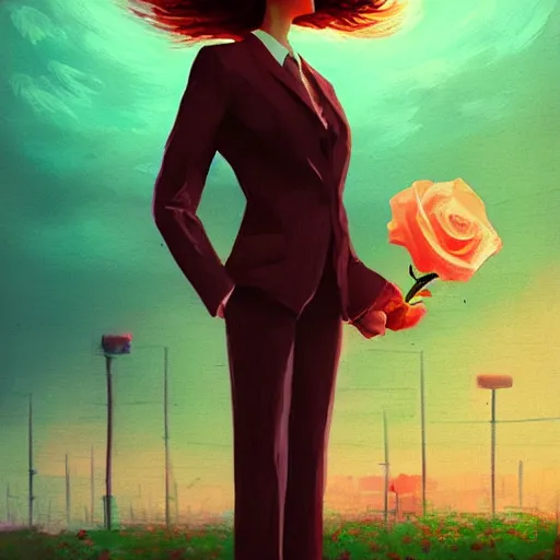 Image similar to closeup, huge rose flower head, frontal, girl in a suit, surreal photography, sunrise, dramatic light, impressionist painting, digital painting, artstation, simon stalenhag