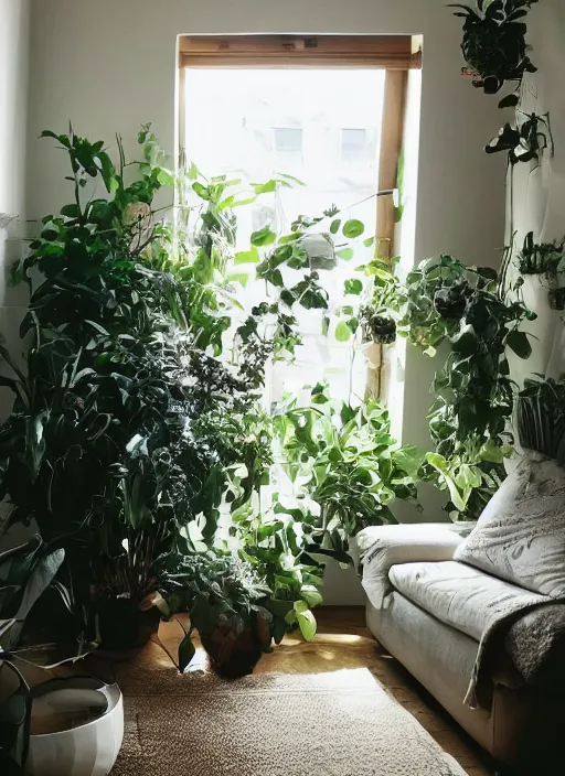 Prompt: a photo of a cosy warm room, warm light, houseplants, vines