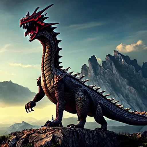 Prompt: giant dragon standing on a mountain, highly detailed, 4 k, hdr, award - winning, directed by zack snyder