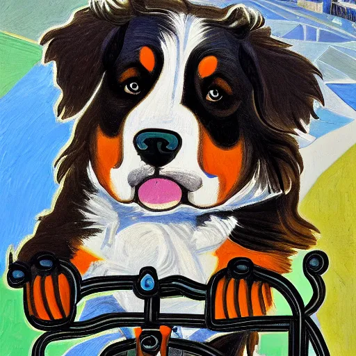 Prompt: intricate five star bernese mountain dog riding a bike in paris by pablo picasso, oil on canvas, hdr, high detail, photo realistic, hyperrealism, matte finish, high contrast, 3 d depth, centered, masterpiece, vivid and vibrant colors, enhanced light effect, enhanced eye detail, artstationhd