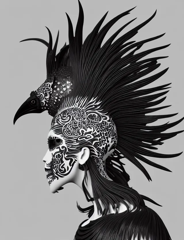 Image similar to 3 d goddess close - up profile simple portrait punk with mohawk with tiger skull. beautiful intricately detailed japanese crow kitsune mask and clasical japanese kimono. betta fish, jellyfish phoenix, bio luminescent, plasma, ice, water, wind, creature, artwork by tooth wu and wlop and beeple and greg rutkowski