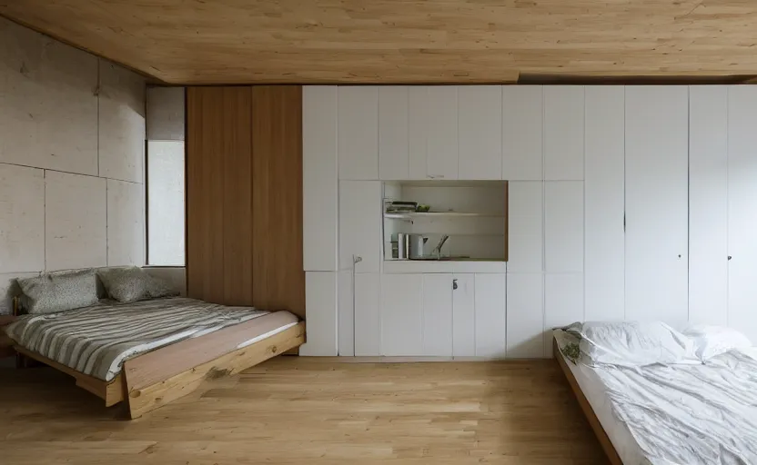 Image similar to interior of a small and compact minimalist bedroom in an apartment building, bed, cupboards, natural materials, bamboo wood, white, beige, bright, green painted wall, windows with a view of a green park, modernist, swedish design, japanese style, 8 k