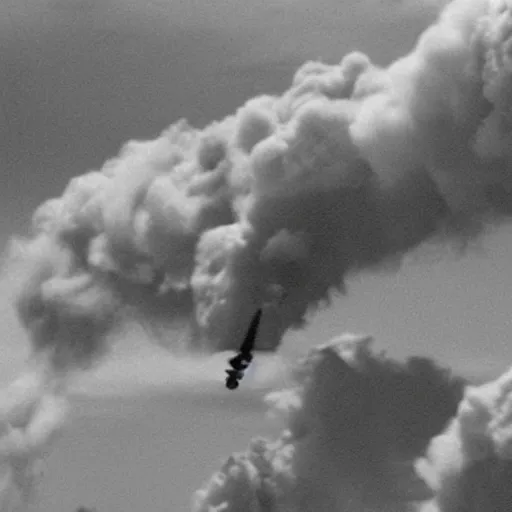 Image similar to combat drone strike war footage, black and white with green tint, very high contrast, nuclear cloud, high angle vertical, dirty, grainy, bad drone camera