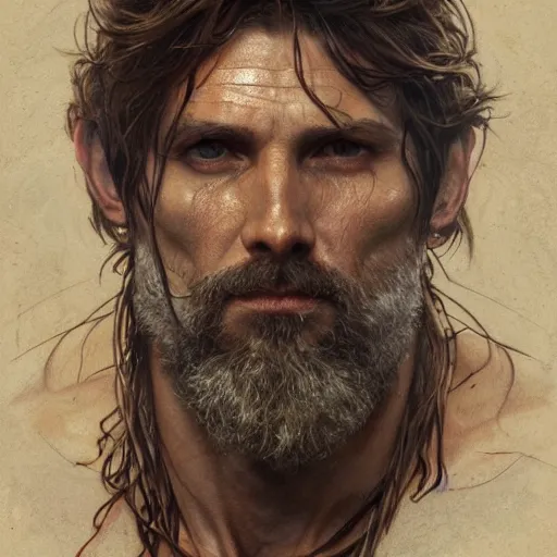 Image similar to portrait of the god of the forest, 40 years old, rugged, male, gorgeous, detailed face, amazing, hairy torso, muscular, intricate, highly detailed, digital painting, artstation, concept art, sharp focus, illustration, art by greg rutkowski and alphonse mucha