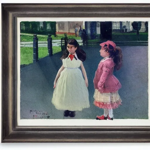 Image similar to Kinetic sculpture. A young girl stands in the center of the frame, looking off to the side. She wears a school uniform with a short skirt and a striped shirt. The background is a vivid, with wavy lines running through it. pale indigo by Frits Thaulow cosy