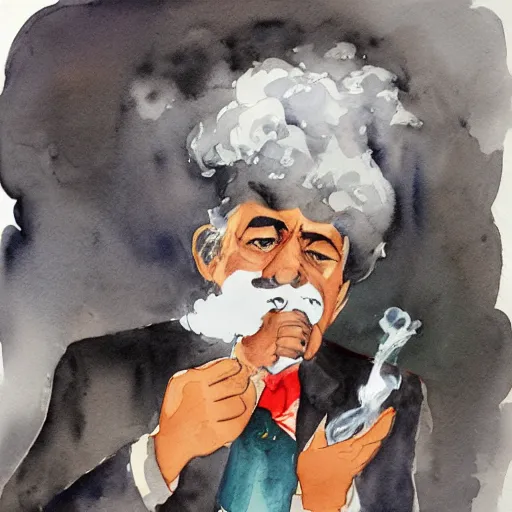 Image similar to portrait of very old gray - haired mexican magician smoking, lots of smoke. watercolor with pancil by hugo pratt.