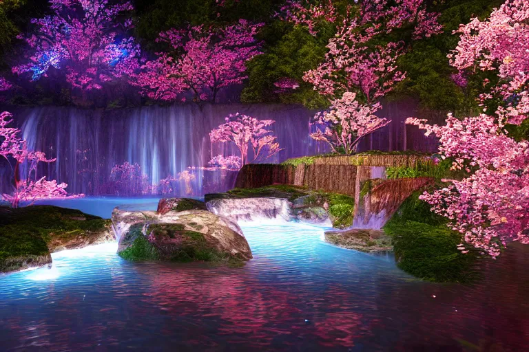 Prompt: Isometric bio-luminescent waterfall, cherry-blossom-tree, night-time, moon, fireflies, atmospheric, magical atmosphere, octane render, artstation, HD, 8K