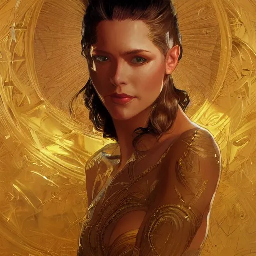 Image similar to Sandman with a gold suit, portrait, intricate, elegant, highly detailed, digital painting, artstation, concept art, smooth, sharp focus, illustration, art by artgerm and greg rutkowski and alphonse mucha