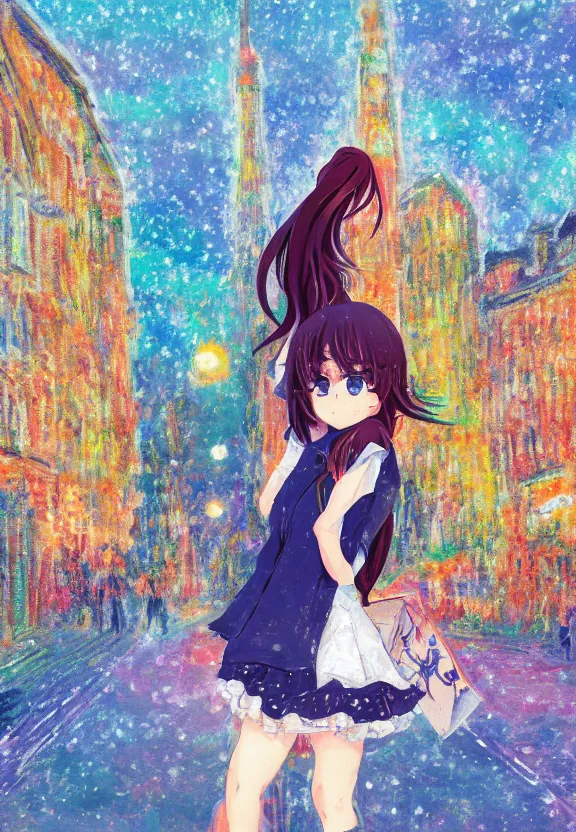 Prompt: wide angle portrait of a teenage girl, a thrifty outfit, very anime in impressionist style, city street view background, starlit night sky, anime trending artwork, anime painter studio, by claude monet