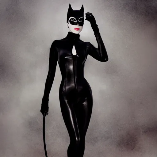 Image similar to Full-body portrait of Emma Stone as catwoman, trending on Artstation, by Nick Knight, by Bella Kotak, by Paolo Roversi, by Tyler Shields