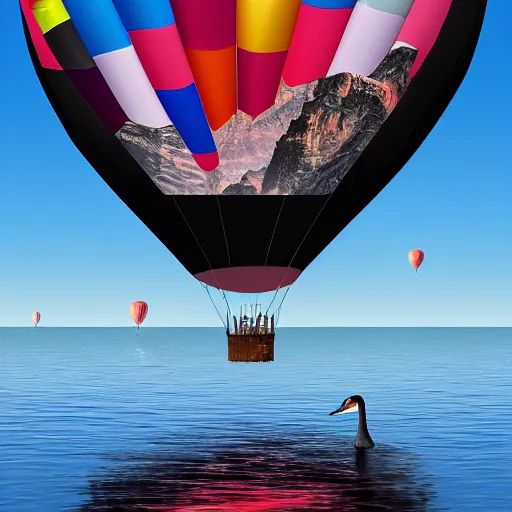 Image similar to photo of two black swans touching heads in a beautiful reflective mountain lake, a colorful hot air balloon is flying above the swans, hot air balloon, intricate, 8k highly professionally detailed, HDR, CGsociety