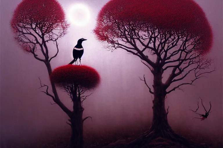 Image similar to a magpie family hosting their magpie relatives on top of a pine tree, in the style of rafał olbinski, in the style of beksinski, intricate and epic composition, red by caravaggio, insanely quality, highly detailed, masterpiece, purple light, artstation, 4 k