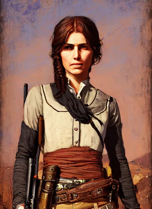 Prompt: Old west smug gunslinger (rdr2, laurie greasley). Iranian orientalist portrait by john william waterhouse and Edwin Longsden Long and Theodore Ralli and Nasreddine Dinet, oil on canvas. Cinematic, hyper realism, realistic proportions, dramatic lighting, high detail 4k