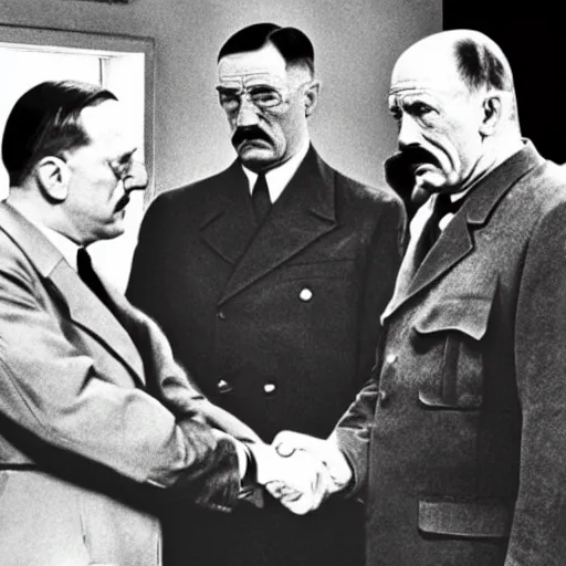 Image similar to adolf hitler shaking hands with walter white, black and white, cctv, over - the - shoulder shor