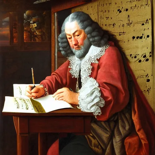 Image similar to highly detailed painting of bach writing a piece of music on a sheet of paper, he is inside of a wooden shack, 4 k resolution, by jaquis luis david, visible paint layers, renaissance.