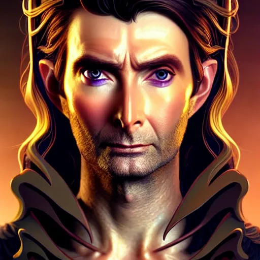 Image similar to portrait painting of a cyberpunk elven beautiful david tennant, ultra realistic, concept art, intricate details, eerie, highly detailed, photorealistic, octane render, 8 k, unreal engine. art by artgerm and greg rutkowski and charlie bowater and magali villeneuve and alphonse mucha