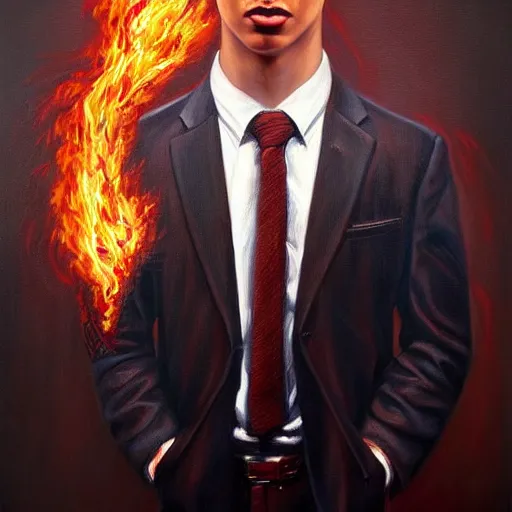 Image similar to a hyper realistic painting of a calm young man in a burning business suit, his clothes is burning, full body painting, coherent symmetrical eyes, by jeffrey smith, by andrea kowch, by steve henderson, masterpiece, trending on artstation,