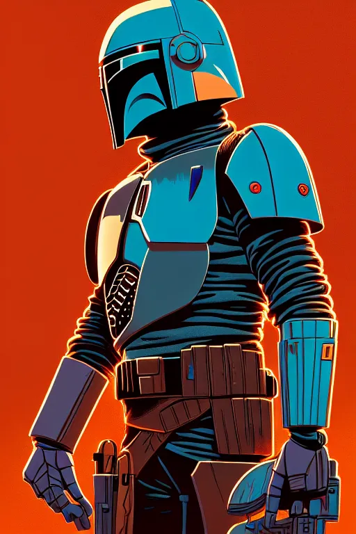 Prompt: closeup potrait of the mandalorian, intricate, volumetric lighting, moebius, geof darrow, frank miller, dan mumford, detailed illustration, digital art, victo ngai, kilian eng, vector art