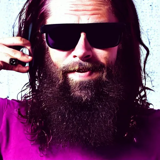 Prompt: photo of 3 9 - year - old french bearded long - haired yoga punk singer wearing wraparound sunglasses. he also works as a commercial model and actor. looks like brad pitt. performing standup comedy on a smoky stage in wheaton, il. vaporwave.