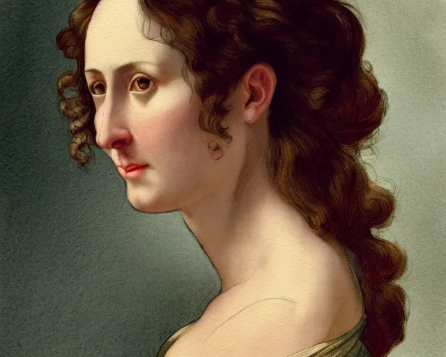 Prompt: colored portrait. a very unique profile, seen from the side, medium shot, of a woman's profile, with sharp face, a straight and very long nose, and huge prominent eyes. her hair is curly. old photograph. sharp image. watercolor. highly detailed, color harmony, art station, ornate, caravaggio style. old photography