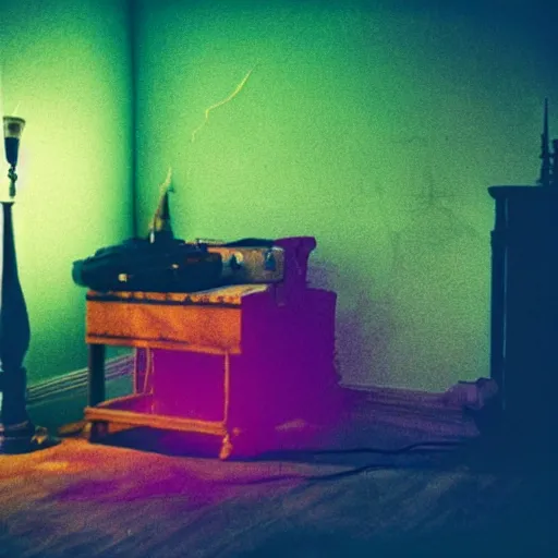 Image similar to coloured atmospheric polaroid photo of a with transparent ghostly banshee corpse body floating in old living room lighted with flashlight interior