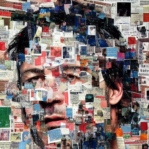 Image similar to portrait of keanu leaves, paper collage, mimmo rotella.