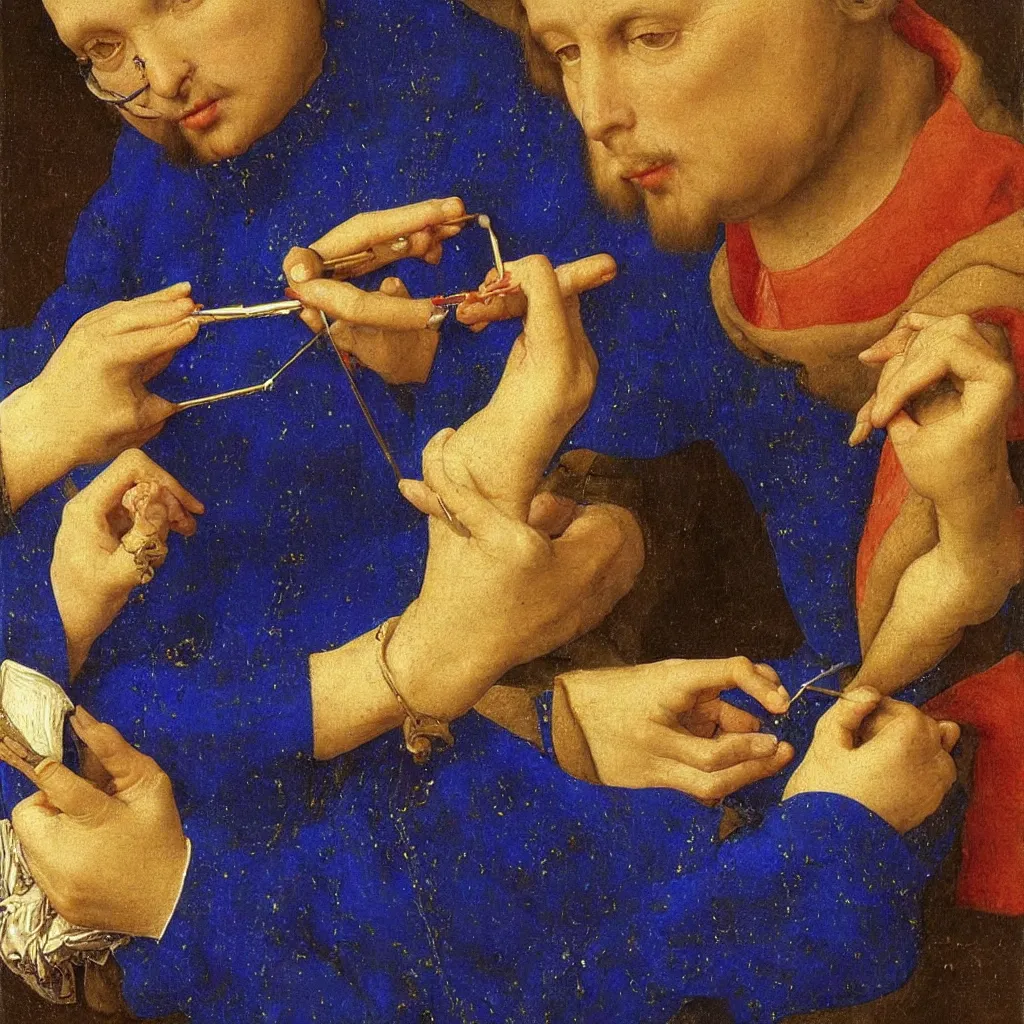 Prompt: close up of the artist hands painting a miniature, lapis - lazuli. painting by jan van eyck