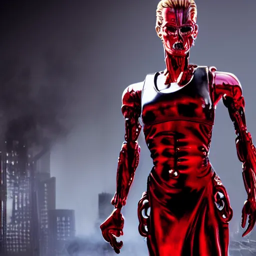 Prompt: The Terminator in a red dress, 4k, ultra realistic, highly detailed